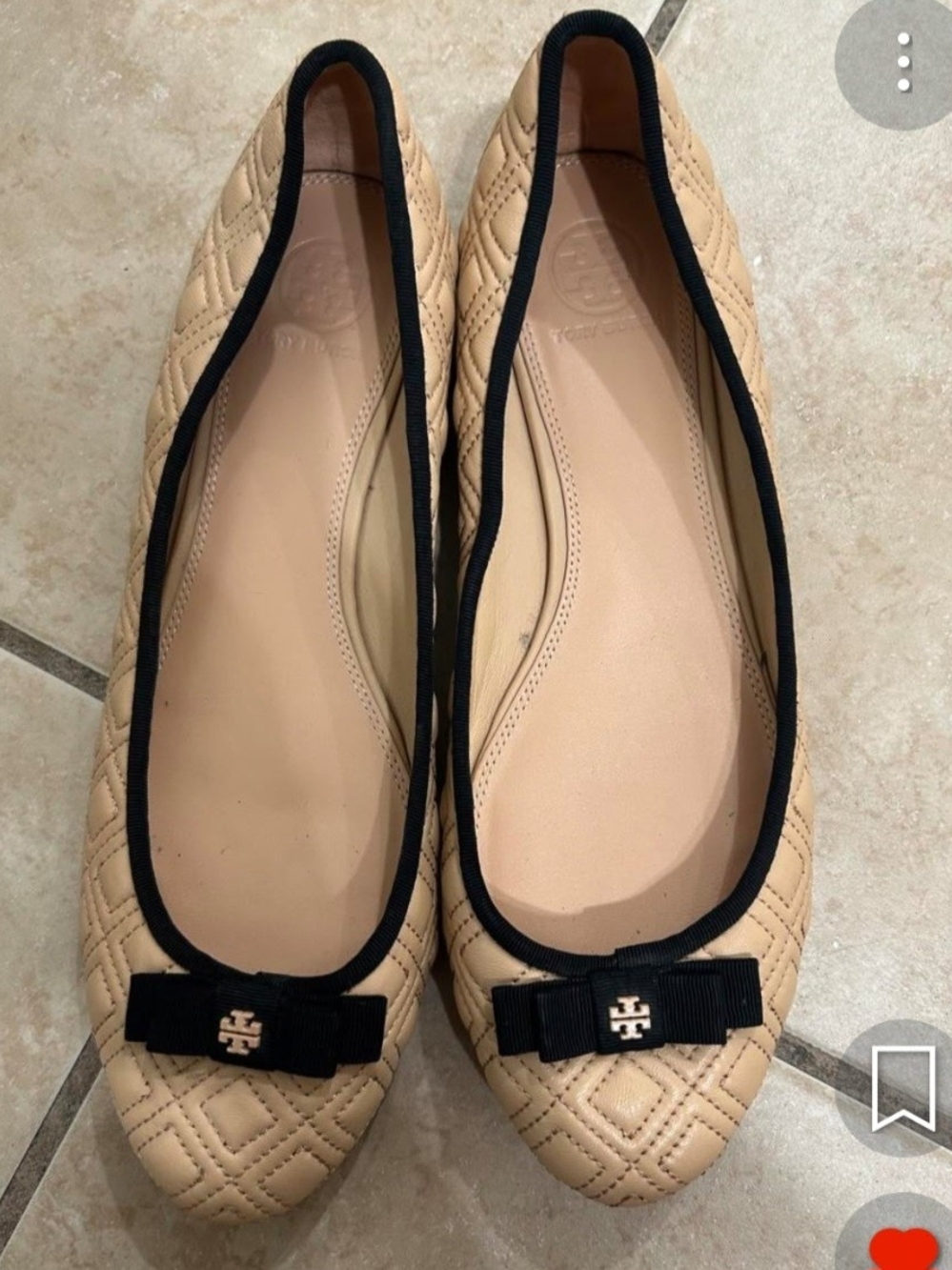 Tory Burch Quilted Beige Ballet Flats with Black Trim & Bow